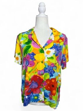 Jams world 50th anniversary tropical vibrant colorful button up floral top